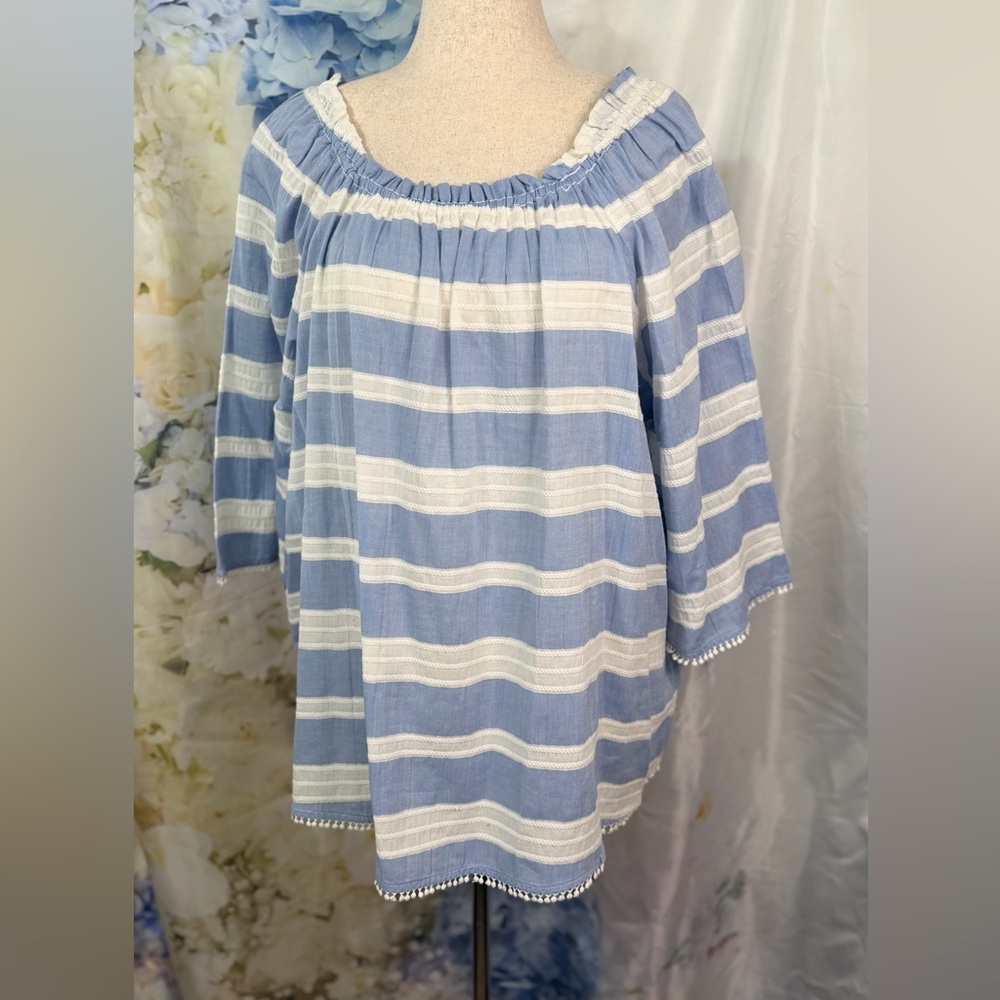 Westbound Blue and White Horizontal Striped Top on or off shoulder coastal boho